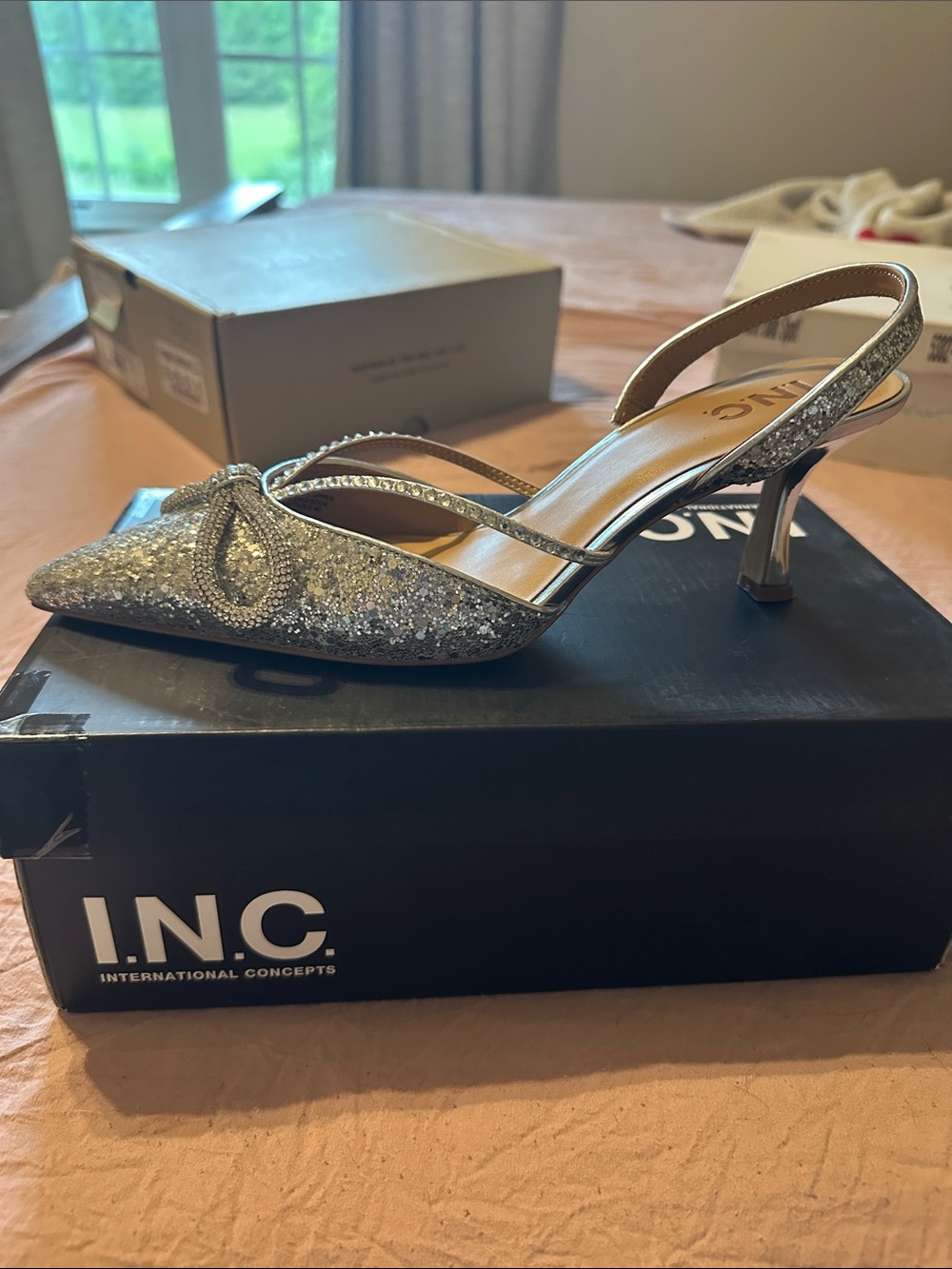 INC International Concepts Silver Glitter Pointed Slingback Heels